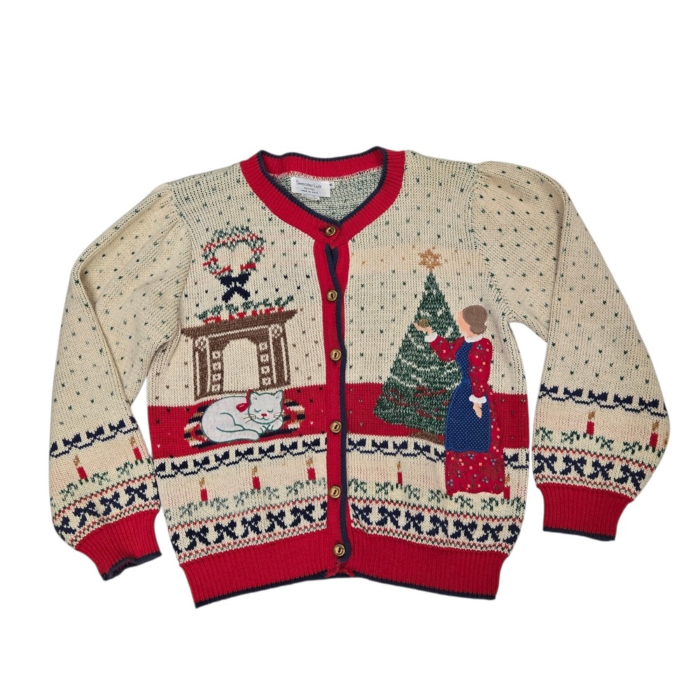 Sweater Loft Christmas Cardigan Cat Fireplace Tree Sz MP‎ Cottagecore Granny EUC